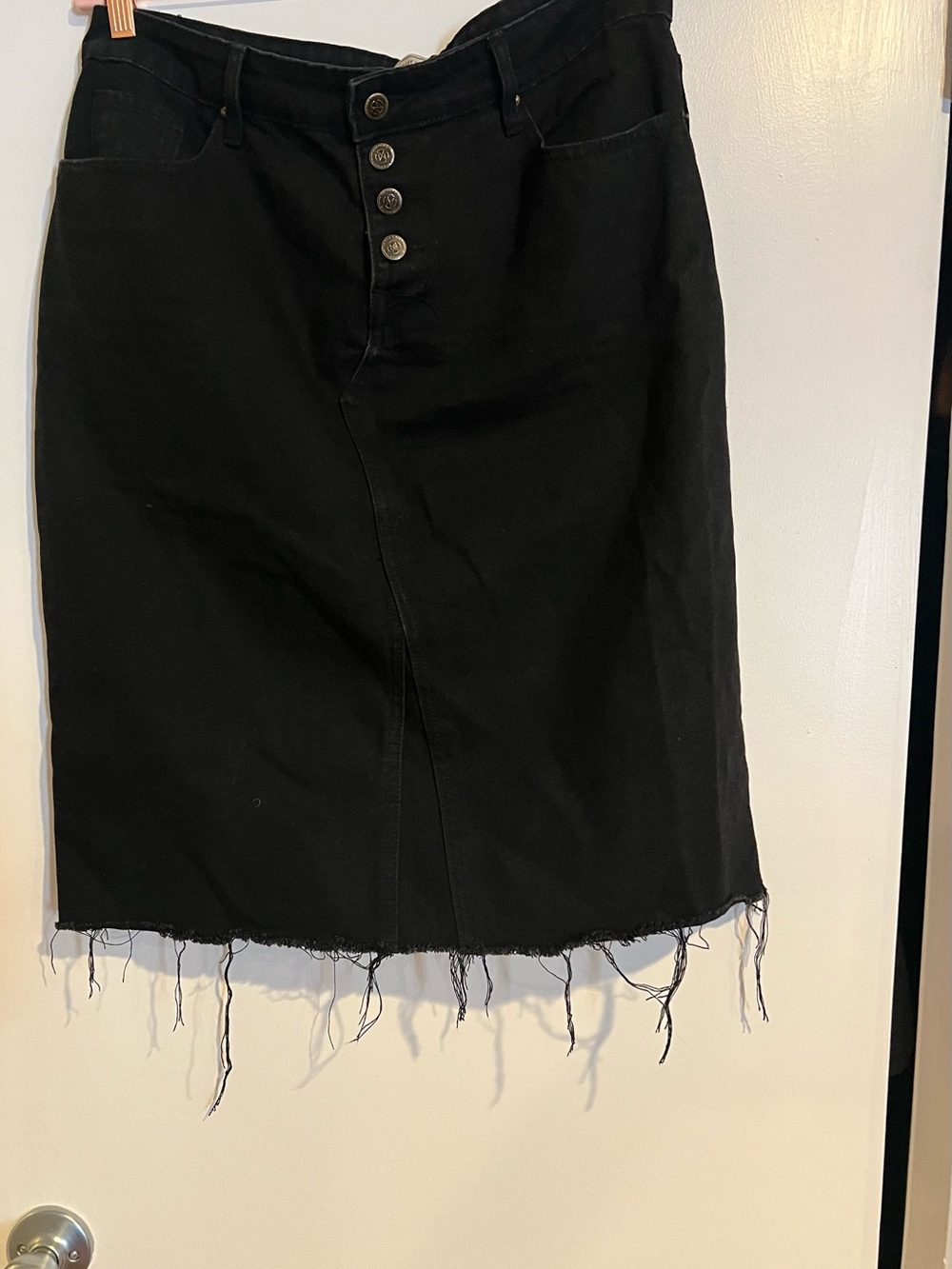 Black Denim Midi Skirt with Frayed Hem